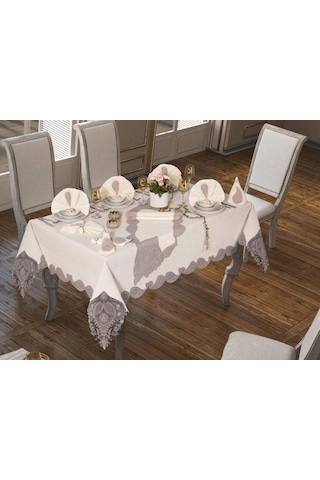 26 Parça Keten Zambak Masa Örtüsü Takımı Krem Gri Krem - Gri