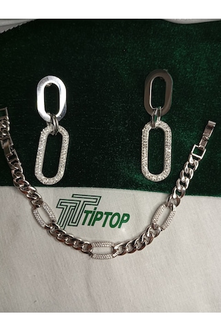 Tiptop/ Gümüş Renk Zirkon Taşlı Sallantılı Model Çelik Küpe -zincir Model Zirkon Taşlı Bileklik Gümüş