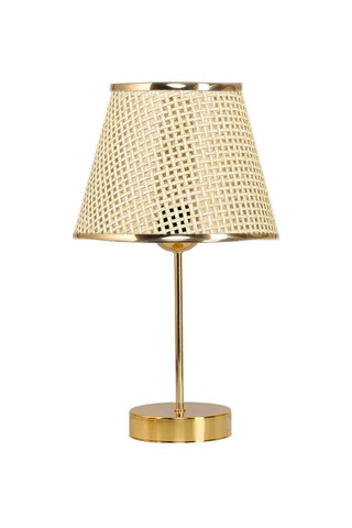 Star Gold Ayaklı Abajur Altın Şeritli Hasır Başlık Yatak Odası Salon Masa Lambası 2 Adet Altın Krem