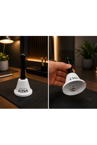 El Çanı Dekoratif Masa Zili Ring For A Kiss Tasarımlı Romantik Hediye 13 Cm Çan Zil Beyaz