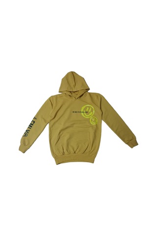 İrem Erkek Çocuk Önü Arkası Kolu Emoji Smile Desenli Hardal Renk Kanguru Cepli Kapüşonlu Sweatshirt