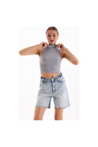 Kadın Likralı Kolsuz Crop Bluz Gri