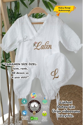 Gros Shop Müslin Yeni Doğan 4katlı Organik %100pamuk Kişiye Özgü Nakışlı Hastane Çıkış Seti-papatya Model1 Beyaz-1