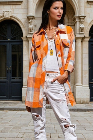 Turuncu Ekose Desenli, Çift Cep Detay, Oversize Kesim, Ceket Gömlek Turuncu