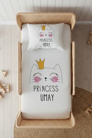 %100 Pamuk Saten İsme Özel İsimli 100x200 Tek Kişilik Lastikli Çarşaf Seti Princess Beyaz