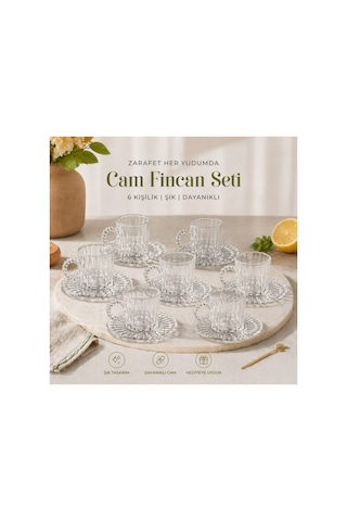 Zarafet Cam Fincan Seti 6 Lı Şık Tasarım Kulplu Cam Kahve Fincanı Ve Tabaklı Set Şeffaf