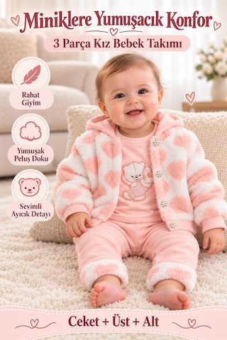Ahengim Kız Bebek 3 Parça Takım Kapüşonlu Peluş Ceket Ayıcık Nakışlı Üst Ve Pantolon Ak2482 Pudra