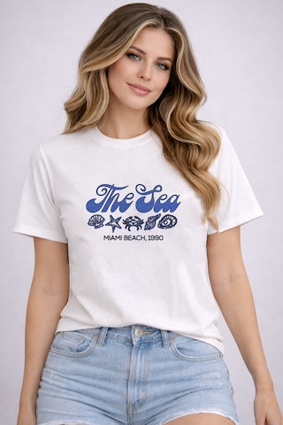 Herkesemoda The Sea Baskı Detaylı Basic T-shirt Beyaz