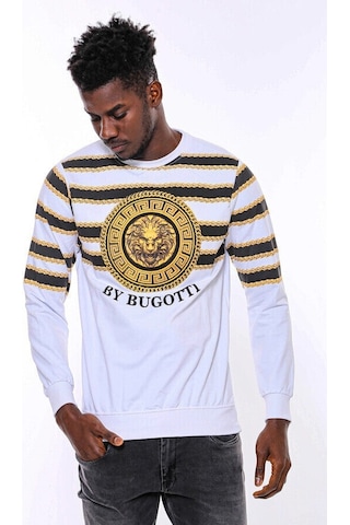 Beyaz Baskılı Taşlı Bisiklet Yaka Sweatshirt - Wessi Siyah