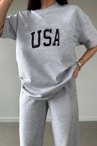 Usa T-shirt Eşofman Altı Jogger- Gri Baskılı Alt Üst Eşofman Takım Oversize Bisiklet Yaka Gri
