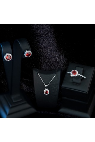 Dkmn Gümüş 925 Ayar Gümüş Kırmızı Tek Taşlı Set
