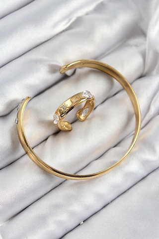 Zarif Kadın İçin Golden Pirinç Zirkonlu Ayrık Stil Bileklik Yüzük Seti Bakır