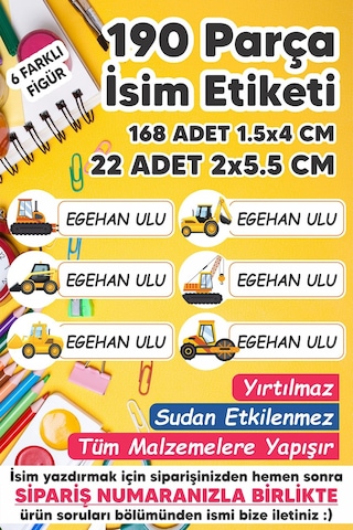 Okul Etiketi Kalem Defter Etiketi İş Makinaları Özel Isim Yazılabilen Etiket - 190 Adet