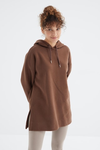 Kahverengi Reglan Kol Basic Kapüşonlu Oversize Sweatshirt Tunik - 97242 Kahverengi