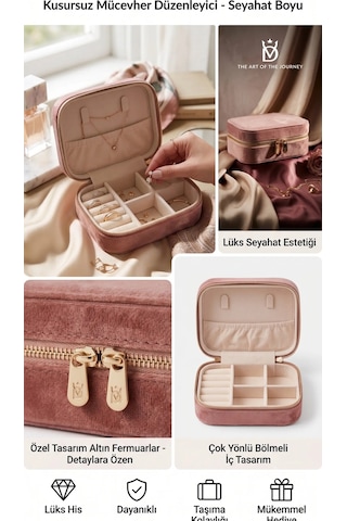 Takı Kutusu Düzenleyici Seyahat Çantası Kolye Yüzük Küpe Organizer Kadife Pembe 12cmx8cm Pudra
