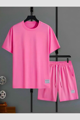 New Desıgn T-shirt Şort - Pembe Alt Üst Kombin Şort Tişört Takım Baskılı Oversize Bisiklet Yaka Pembe-74484