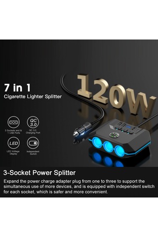 Youtek Siyah Araç Şarj Adaptörü: 3 Çıkışlı Prizi + 4 Usb Hızı 3.4a , Led Voltaj Göstergeli, 12-24v Evrensel, Çoklu Koruma Fonksiyonlu
