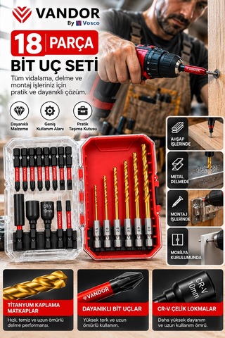 Vandor By Vosco 18 Parça Matkap Ucu Ve Vidalama Bits Seti Titanyum Kaplamalı Metal Delme Uçları Cr-v Lokma Seti