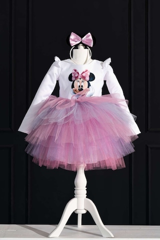 YAĞMUR KOStütüM Taç Hediyeli Minnie Temalı Kız Çocuk Beyaz Uzun Kollu Doğum Günü Elbisesi & Parti Kostümü Karışık Renkli