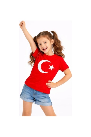 Primemağazam Kız Çocuk Tişört Bisiklet Yaka Ay Yıldız Bayrak Baskılı T-shirt - Kırmızı Çeşitli