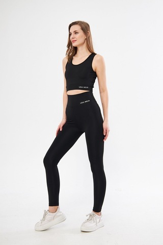 Lesa Wear Yüksek Bel Likralı Toparlayıcı Tayt Crop Takım Siyah