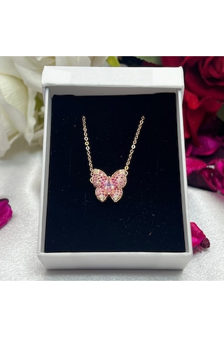 Pembe Zirkon Taşlı Kelebek Kadın Kolyesi 925 Ayar Gümüş Zincirli Rose Kaplama Gümüş