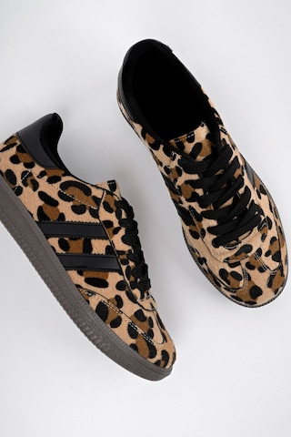 Muggo Leopard Garantili Kadın Ortopedik Günlük Bağcıklı Yürüyüş Leopar Desenli Sneaker Spor Ayakkabı Leopar Kahverengi