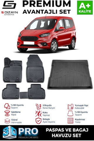 S-dizayn Ford Courier 3d Pro Havuzlu Paspas Ve Bagaj Havuzu Seti 2'li Set 2014-2022 A+ Kalite