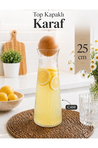 Dekoratif Top Kapaklı Cam Karaf - Modern Çizgili Cam Sürahi Sunumluk Meşrubat Şerbetlik 25 Cm