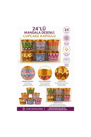Cupcake Kapsülü 24'lü Mandala Desenli Gold Varaklı Asetat Kutulu Kek Ve Muffin Pişirme Kapsülü