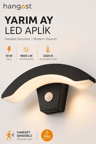Sensörlü Yarım Ay Led Aplik 24w 1800 Lm 3200k Sıcak Beyaz Hareket Sensörlü Duvar Lambası Siyah