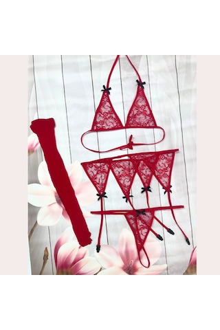 Motto10butik Bacio Fantezi Kırmızı Dantelli Fiyonklu Jartiyer Takım Bc8526