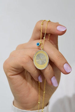 Papatya Silver 925 Ayar Gümüş Gold Kaplama Toplu Zincir Cam Gözlü Yaşam Çiçeği Plaka Kadın Kolye