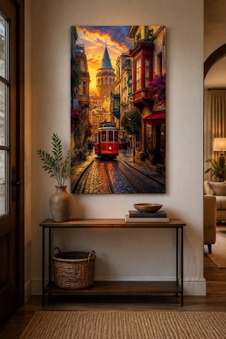 Nostaljik İstanbul Tramvaylı Baskılı Cam Tablo Galata Kulesi Uv Baskı Duvar Tablosu