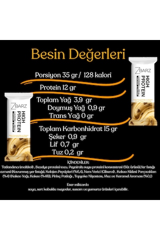 Zbarz Kakao Parçacıklı Muz Ve Karamel Aromalı Yüksek Proteinli Bar 35 Gr 12 Li
