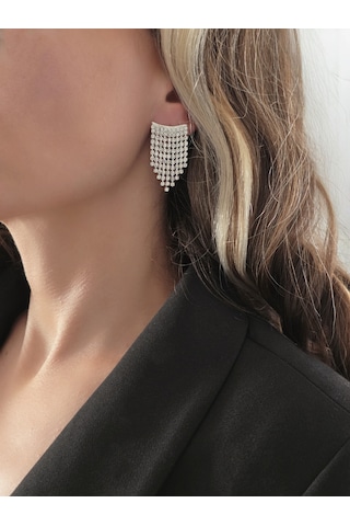 Sallantılı Minimal Beyoğlu Taşlı Gümüş Renk Küpe Gümüş