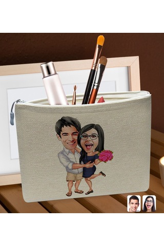 Bk Gift Kişiye Özel Sevgililer Karikatürlü Keten Makyaj Çantası, Sevgiliye Hediye, Arkadaşa Hediye, Sevgililer Günü Hediyesi, Doğum Günü Hediyesi-3