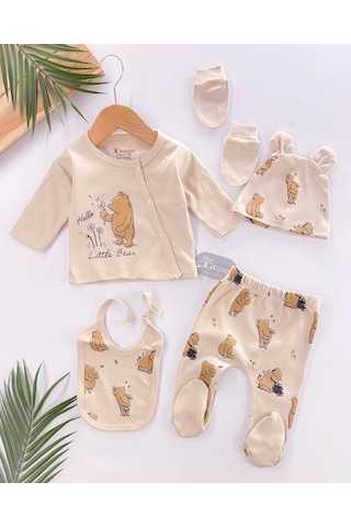 Hello Little Bear Baskılı 5 Parça %100 Pamuk Erkek Bebek Hastane Çıkışı Bej