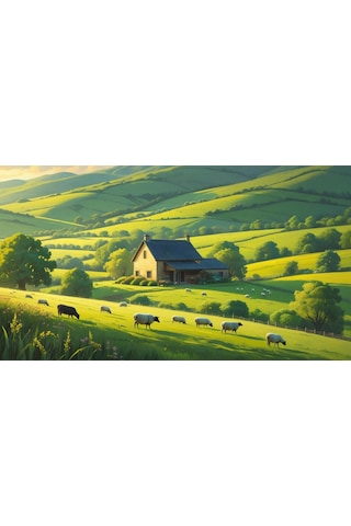Doğa Ve Manzara Yatay Küçük Çiftlik Evi Yeşil Tepeler, Çiçek Açmış Tarlalar Doğa Ve Huzur 03 Çerçevesiz 90x60cm Pvc Tablo