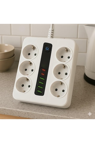 6 Prizli Akım Korumalı Çoklu Priz 4 Usb Şarj Girişli Duvar Tipi Anahtarlı Güvenlik Korumalı 1 - 3 M