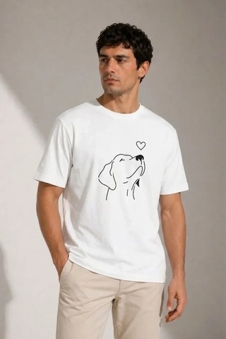 Defymoda Erkek Köpek Figürlü Minimal Baskılı Tişört Kısa Kol Yazlık T-shirt - Beyaz