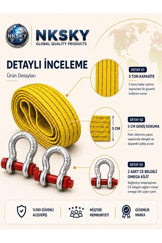 5 Ton Araç Çekme Halatı 3 Metre 5 Cm Genişlik Ce Belgeli Omega Kilit Oto Çeki Halatı Sarı