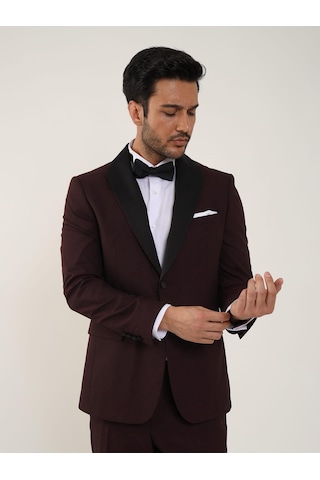 Dufy Bordo Erkek Slim Fit Düz Sivri Yaka Smokin Takım - 84171-Bordo