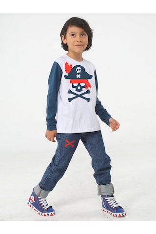 Casabony Korsan Denim Pantolon + T-Shirt Takım-Indigo - Beyaz İndigo - Beyaz