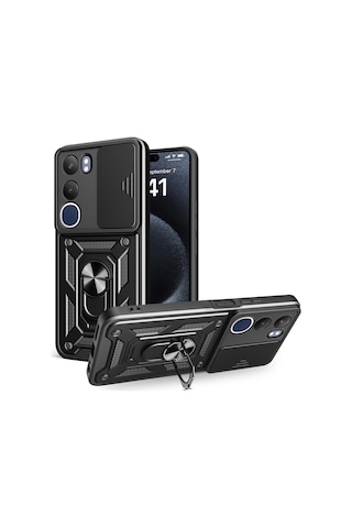 Vivo Y19s Kılıf Magnetik Standlı Kamera Korumalı Zore Sürgülü Vega Kapak Siyah