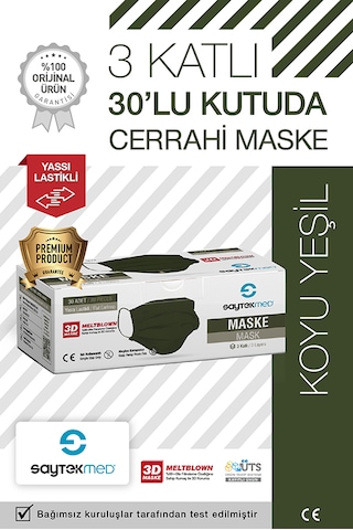 Saytekmed Meltblown Filtreli, Yassı Ipli, 3 Katlı Haki / Koyu Yeşil Cerrahi Maske 30 Adet/ 1 Kutu