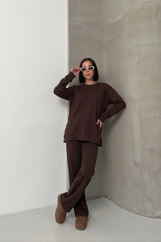 Soft&basic Rahat Kesim Uzun Kollu Yanları Çıt Kapamalı Premium Yumuşak Kumaş Eşofman Takımı Kahverengi
