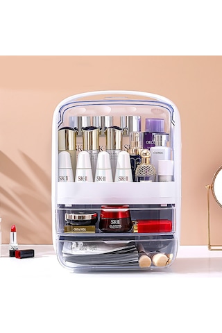 Makyaj Organizer Kozmetik, Fırça Ve Takı Düzenleyici Çok Amaçlı Masaüstü Makyaj Kutusu Bej