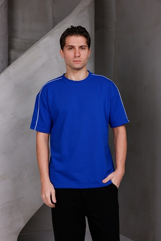 Erkek Şeritli Oversize Bisiklet Yaka 2 İki İplik Kompakt T-shirt Saks