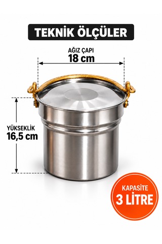 3 Litre Paslanmaz Çelik Yoğurt Mayalama Ve Süt Kabı Satır/bakraç Geleneksel Sarı Kulplu - 13 Helke Metalik